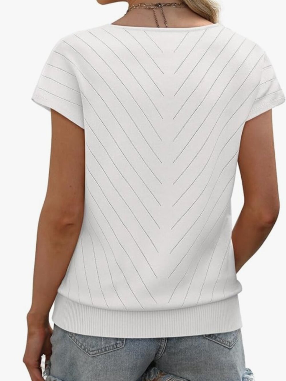 WIHOLL Puff Short Sleeve White V Neck Knit Summer Top (NWT MED) - Picture 2 of 3